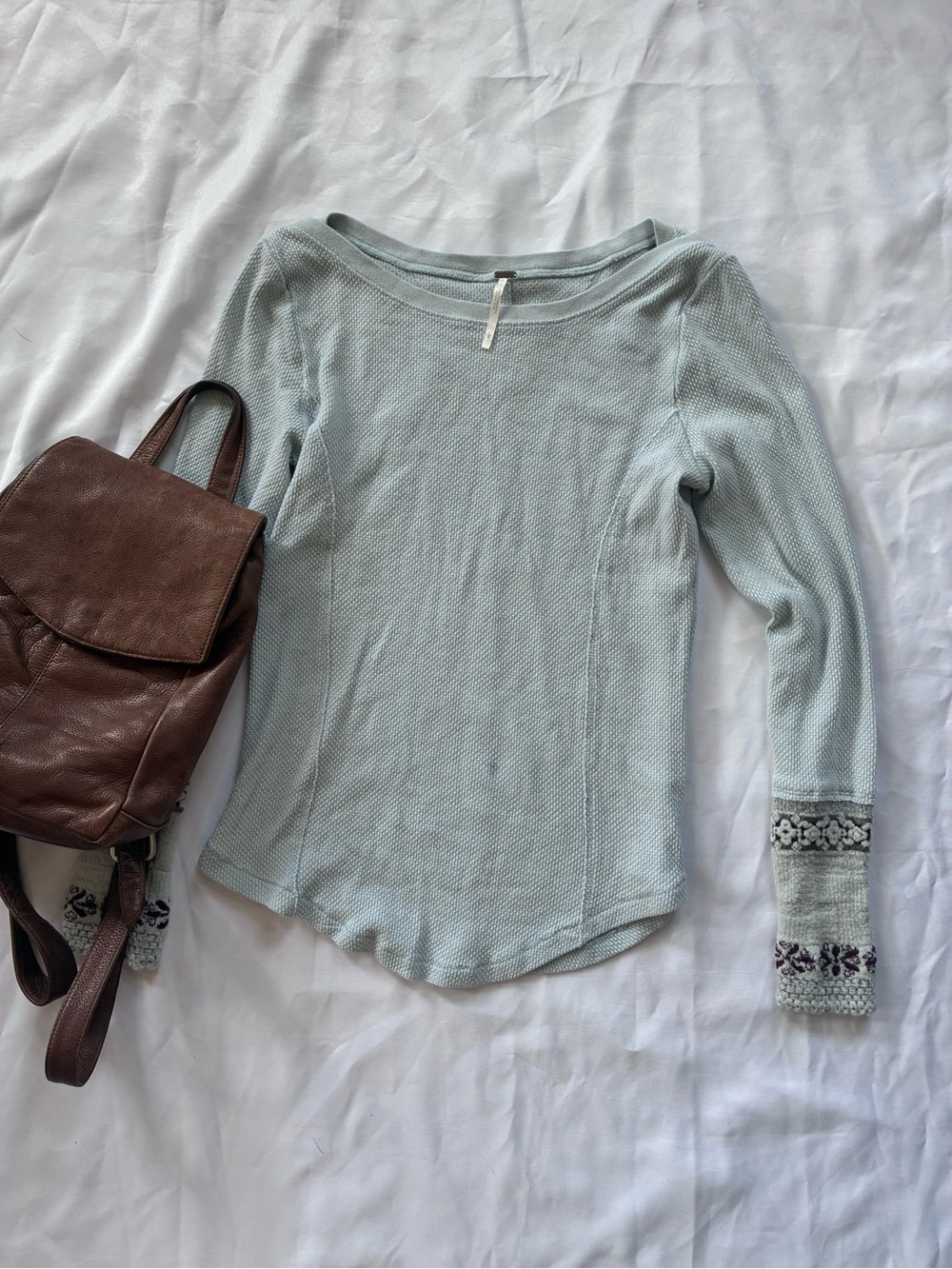Free People Light Blue Waffle Knit Long Sleeve Top Embroidered Cuffs